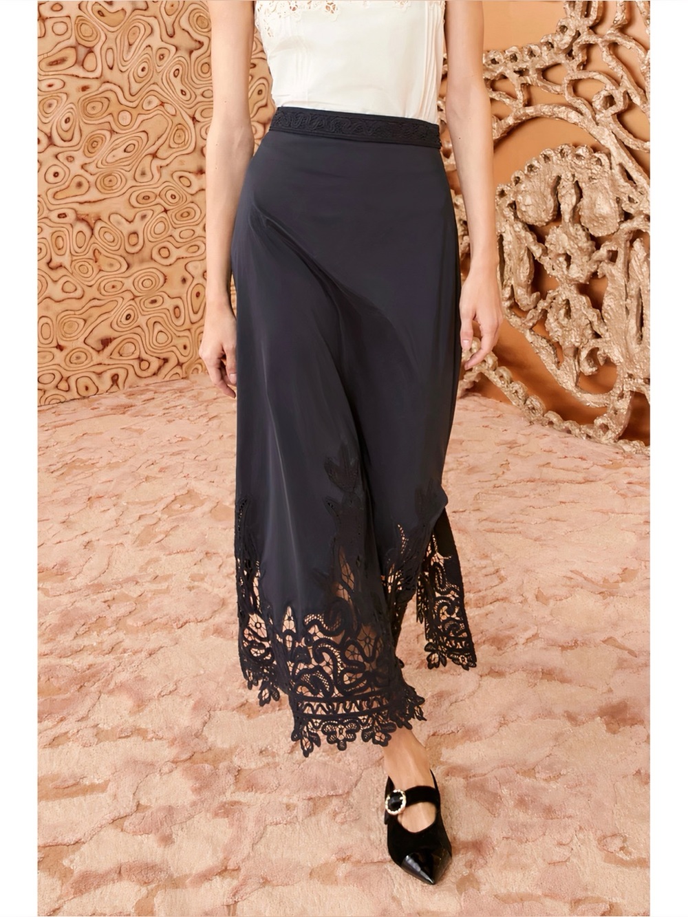 Ulla Johnson Midi Silk-Blend Black Lace-Trimmed Karlyn Skirt